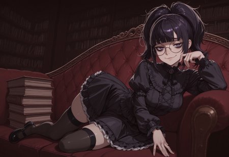 1girl, solo, dark purple eyes, bags under eyes, looking at viewer, smug, round glasses, upturn nose, black hair, glossy hair, glossy lips, twintails, blunt bangs, gloomy, medium breasts, messy hair, high ponytail, puritan collar, black dress, frilled blouse, miniskirt, petticoat, long sleeves, puffy sleeves, black thighhighs, mary janes, lying on victorian sofa, lying on side, tufted upholstery, seductive pose, full body, dilapidated house, gothic, book stack, bookshelf, dark, masterpiece, best quality, very aesthetic, absurdres, murky, depth of field, blurry, vignetting, chiaroscuro, hard shadows, low gamma, Expressiveh