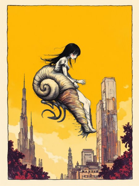 An illustrated image of a young woman gracefully riding a giant snail through a futuristic cityscape.  background is amber yellow <lora:Midjourney_Whisper_BrushPulse_v01:0.7>, border is plum blossom <lora:inkedgemono-simple_epoch-08:0.9> 1NK3D63SIM <lora:Midjourney_Whisper_Minimal:0.9>
| no deformed hands, no too many limbs, no too many fingers,