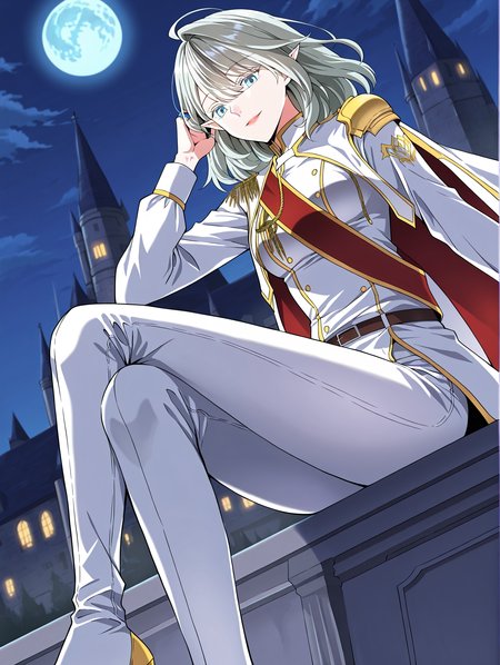 <lora:Alea_Triscan__The_Beginning_After_the_End__Illustrious:1>
1 girl, solo, elf, pointy ears, light blue eyes, grey hair, medium hair, hair behind ear, hair between eyes,ahoge,  military uniform, white cape, epaulettes, ring, jewelry, white pants, long sleeves, white thigh boots, thighhighs, high heels, belt, white jacket, red sash
score_9, score_8_up, score_7_up, very aesthetic, source_anime, detailed, high quality, beautiful, masterpiece, detailed eyes, castle, village, blurry background, cityscape, pose dynamic angle, light smile, open mouth, hand on hair, sitting, night, blue moon,