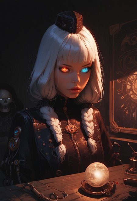 score_9, score_8_up, score_7_up, score_6_up, raw, realistic, photo, photorealistic,  score_9, score_8_up, white hair, heterochromia glowing eyes blue and green, steampunk_costume, leather corset, cylinder hat with neon glow, steampunk, magick, hairstyle pigtails, young girl, hud_cryst4l_b4ll, upper body, orb, table, glowing, crystal ball, orb, upper body, table, detailed frontal lighting, clear image, shadow, tarot card shop, jumpsuit uniform, g0thicPXL, glowing, neon, reelmech, mechanical parts, cable, wires, machinery, joints, body suit, Expressiveh, illustration,