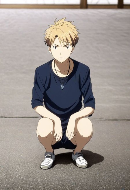 high resolution, solo, best quality, 1Boy, Yamato Ishida, Blond Hair, Necklace, lofi, candid, squat, depth of field, photo model, looking at viewer, OverallDetail