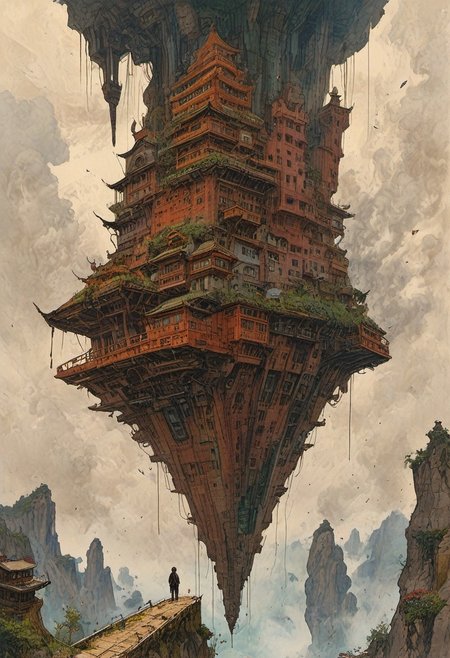 The composition includes  futuristic crystal skyscraper towering in the sky,  looking down on a suspended mid-air jet. create a sense of whimsy and mystery, evoking a cartoonish  in a desert,  Japanese animation, panoramic, engagement that reaches across a digital landscape. the bridge cybergoth fashion dog accounts for a small part of the picture,  existences in the background, towering mountains loom, all interwoven to create a sense of rhythm and flow.