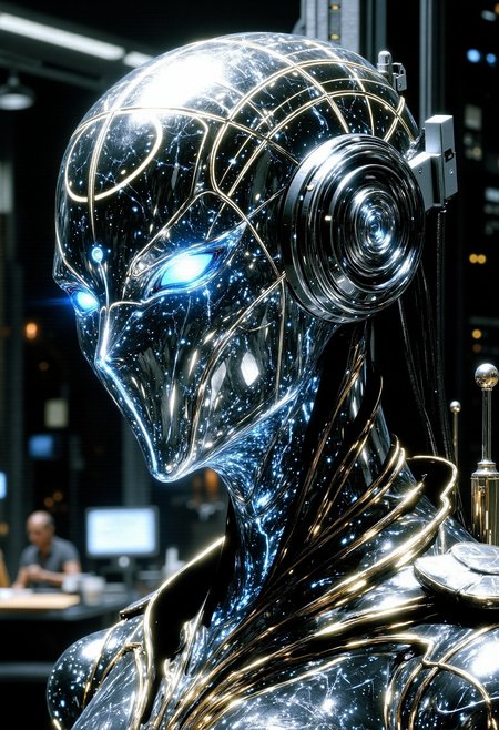 Ghost in the Shell, an uploaded consciousness finds itself trapped in the Ethereal Grid. Forces his introspection as an incorporeal digital spirit shimmering like black marble. The face of the digital spirit shows visible interlacing and tearing effects. The face occupies two-thirds of the image. Behind the face a deep, of a dark laboratory? Use lumen for dynamic lighting and reflective surfaces, employ ray tracing to make these effects even more realistic. Overall, the picture with a focus on detailed textures and dramatic lighting features a monochromatic scheme, primarily with shades of black, white, and gray.