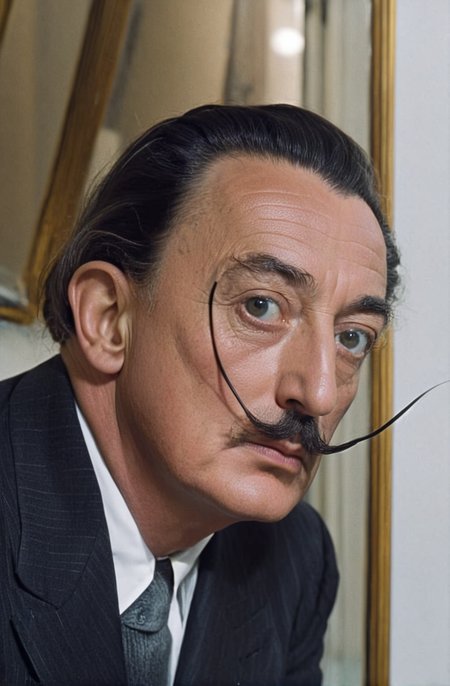 photograph,Salvador Dali, mustache, in suit, In front of a mirror, Canon RF, F/2.8