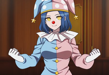 (((solo))),masterpiece, best quality, very aesthetic,  modern, modern anime, (((solo))),danganronpa_(series),<lora:Satsuki_Iranami_Illustrious:1>, This is an anime screencap from Danganronpa 3. . Satsuki Iranami is wearing a two-toned jester-like outfit split vertically down the middle with blue on the left side and pink on the right, and a matching jester's cap with white polka dots and a yellow band. Her costume features a white ruffled collar, yellow buttons down the front and curled shoes. Satsuki has short blue hair and striking yellow eyes. She wears a red clown nose.  Satsuki Iranami balancing on a large circus ball in the Hope's Peak dining hall. She's juggling three colorful plates while wearing her split-colored costume. Her golden yellow eyes sparkle with concentration as she maintains a bright smile, her blue hair slightly bouncing with the movement.