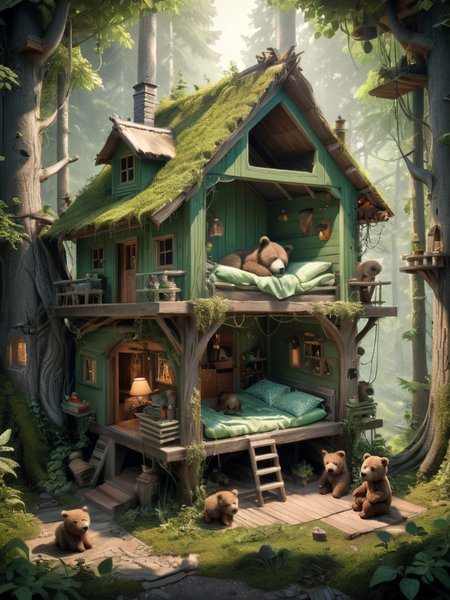 Masterpiece, a green hut in the forest, the brown bear cubs have fallen asleep there, and the youngest fidget bothers the gray-haired mother bear. perfect composition, beautiful detailed intricate, insanely detailed octane render trending on artstation, 8 k artistic photography, photorealistic concept art, soft natural volumetric cinematic perfect light, chiaroscuro, award - winning photograph, masterpiece, oil on canvas, 
<lora:xl_more_art-full_v1:0.85> <lora:Isometric Cutaway:1> isometric cutaway,