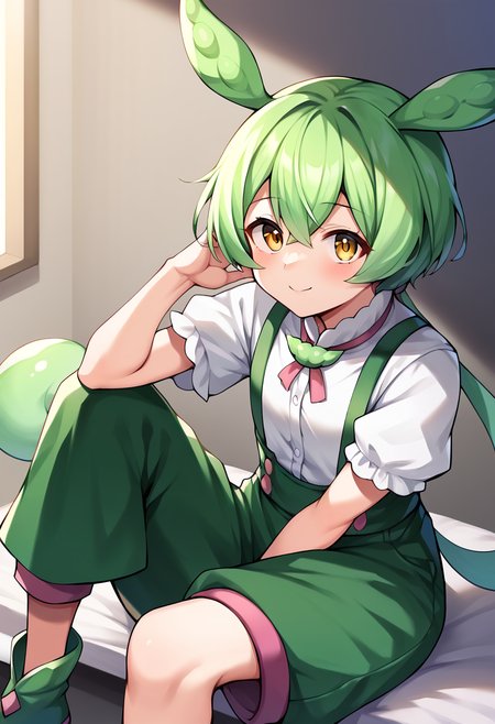 score_9, score_8_up, score_7_up, score_6_up, score_5_up, score_4_up, source_anime, rating:general, 
BREAK,
1girl, solo, sitting, indoors, simple background, looking at viewer, 
white shirt, green shorts, suspenders, 
 <lora:zundamon_ponyXL_v3:1> zundamon, green hair, long hair, yellow eyes, low ponytail,