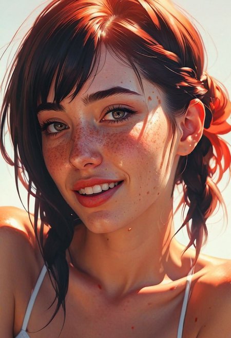 style by Ilya Kuvshinov best quality image of a hell-atmosphere, phenomenal playful shadows,amazing realistic light from above,majestic-braided hair,mesmerise-naughty,light-freckles-sunburned-face,party-makeup,tattoo,breathtaking crispy-detailed, thick-lips, realistic-eye,unscrupulous-smile  aesthetic joyful souleater1phantom in a casting seat