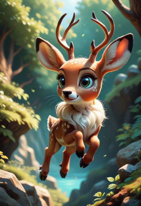 score_9, score_8_up, score_7_up,realistic, small rabbit_deer_hybrid, cute, rocky and lush Forrest, vivid colors,  deer flying over the world, never stopping,