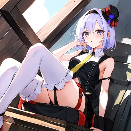 carro pino,solo,1girl,<lora:carro pino:0.8>,hot pants,garter,ruffled skirt,tie,hat