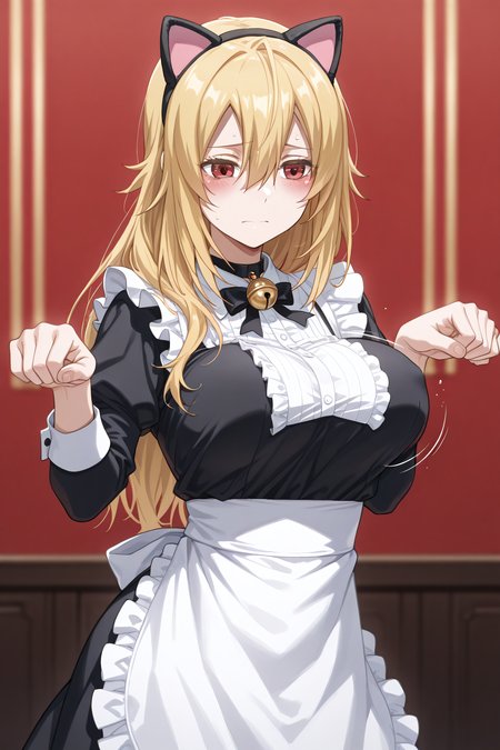masterpiece, best quality, <lora:Angelica Rapha Redgrave-Illustrious-lora-Faxtron:1> angelica, red eyes, blonde hair, long hair, hair between eyes, large breasts, cosplay, <lora:sad-cat-dance-ponyxl-lora-nochekaiser:1> sad cat dance, sad cat dance (meme), dancing, paw pose, palms together, bouncing breasts, neck bell, cat ear hairband, fake animal ears,,
