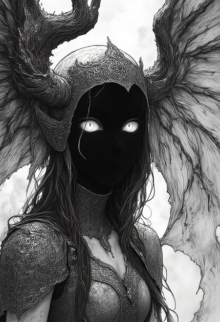 nistyle, A gritty Manga Sketch Showing an hkevil spectral haunting shadow girl, a horned goddess of war with armored pauldron, Cleavage, Busty, billowing Aura, hood, shaded eyes, black skin, amazing Details, high Quality and hyperdetailed realistic, volumetric lighting, Studio Ghibli Dark Fairytale