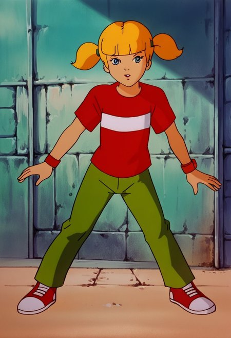 score_9, score_8_up, score_7_up, solo, cowboy shot, 1girl, female focus, SD90style, retro artstyle, source_cartoon, 2D, penny \(inspector gadget\), solo,blonde hair, twintails, blunt bangs, blue eyes, flat chest, full body, red shirt, red shirt, striped shirt, stripe, white stripe, green pants, reinforced knee, wristwatch, reinforced knee, shoes