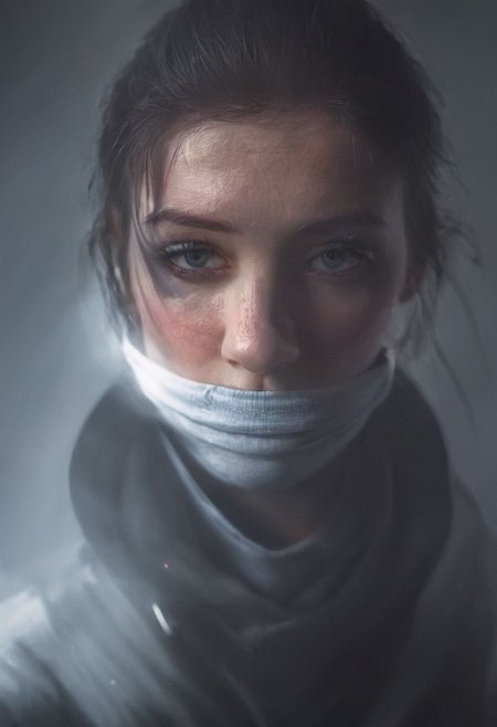 foggy morning, face, female sailor. wearing a hoodie,  Techwear, Ninja Techwear, Cyberpunk, Military,  bright rays of light, deep shadows