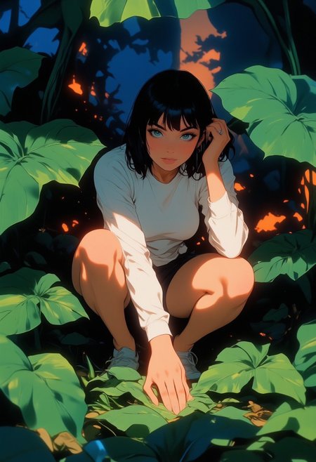 This is a digital artwork featuring a cute Asian adult woman with delicate features and short, dark hair, crouching among large, vibrant green leaves. The woman is dressed in a white long-sleeve shirt and dark shorts, which contrast with her smooth, fair skin. She is positioned in a low, crouching posture, with one hand gripping a large leaf for support. The leaves are smooth and have a glossy texture, with deep green hues and visible veins, suggesting they are real or stylized plant leaves.  
The background is a gradient transitioning from a deep blue at the top to a warm orange at the bottom, creating a dramatic and dynamic effect. This gradient suggests either a sunrise or sunset, adding a sense of time and movement to the scene. The lighting in the image is soft, casting subtle shadows that enhance the texture of the leaves and the woman's body.  
The overall style of the artwork is highly stylized, with smooth, almost liquid-like lines and a focus on color gradients and shadows to create depth and realism. The composition is balanced, with the woman's figure centered and the leaves framing her, making the image visually engaging and captivating.
