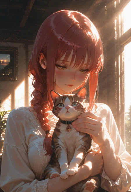 3d,cinematic,(best quality),(ultra-detailed),very aesthetic,illustration,perfect composition,intricate details,absurdres,detailed face,(anime, masterpiece, intricate:1.3),realistic,high quality,high res,depth of field,4K,8K,well drawn,perfect hand,Detailed hand,Makima,(holding cat:1.1),head tilted,blush,deadly cutiness,sunpuddle,sunrise,<lora:Dramatic Lighting Slider:5>,<lora:ppw_v7_Illuv1.0_1_r2:0.3>,<lora:AIã¤ã©ã¹ããããã:0.5>,<lora:Smooth_Booster_v2:0.34>,