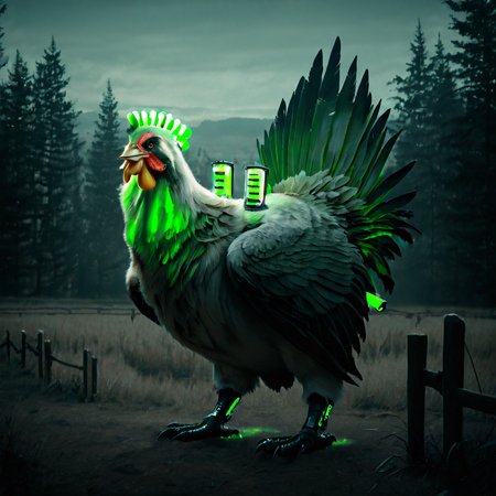 absurdres,newest,best quality,masterpiece,realistic,cinematic,photo,film graiin,HDR,DLSR,solo,no humans,chicken,animal focus,feathers,wings,beak,cybermutant,glowing green tubes,biomechanical,full body,farm,fence