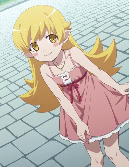 score_9, score_8_up, score_7_up, source_anime, <lora:shinobu-oshino-offmonster-ponyxl-lora-nochekaiser:1>, shinobu oshino, long hair, blonde hair, anime screencap, yellow eyes, dress, bare shoulders, pointy ears, pink dress, spaghetti strap, child, blush stickers,, stone walkway, historic, path, cobblestone, footpath, smile, bent over, smug,, looking at viewer, solo,, dutch angle, cowboy shot