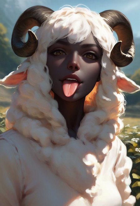 easynegative, score_9, score_8_up, 1girl, anthro, sheep girl, horns, white fur, black skin, half body, outdoors, human proportions, looking at viewer, dynamic angle, shows tongue, anatomically correct, detailed background,