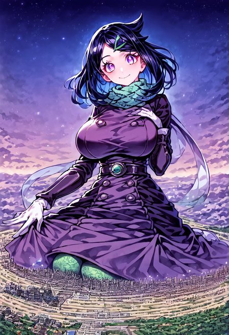 gorgeous lips, cinematic, (masterpiece), (best quality), (ultra-detailed), very aesthetic, perfect composition, intricate details, absurdres, detailed face, (anime, masterpiece, intricate:1.3), (best quality, hires textures, high detail:1.2), score_9, score_8_up, score_7_up, source_anime, 1girl, liko \(pokemon\), long hair, black hair, blue highlights, purple eyes, eyelashes, hair ornament, scarf, dress, purple dress, long sleeves, buttons, gloves, white gloves, belt, pantyhose, green pantyhose, laced heels, white footwear, skirt, flower patterns, alternate_costume, butterflies, massive breasts, facial expression, kind, soft eyes, head tilt, slightly smiling, closed mouth, hand on breasts, breasts covered, goddess, planet size, giantess, enormous body, growing even bigger, larger than cities, towering over cities, small planet, sitting on a rock, floating object, gradient eyes, beautiful detailed eyes, city background, city landscape, city, building, in the city, holding planet, (masterpiece:1.4), (best quality:1.4), (ultra-detailed:1.2), gl0w, glow,