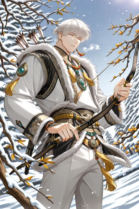 <lora:sariel-IL:0.9>,sariel, white hair, 1boy, male focus, jewelry, solo, arrow \(projectile\), earrings, weapon, holding, outdoors, bow \(weapon\), yellow eyes, snow, fur trim, white pants, long sleeves, tree, tassel, short hair, day, pants, holding weapon, branch, from below, yaoi,bara,male focus,very awa,masterpiece,best quality,amazing quality,nsfw,uncersored,highres,best quality,amazing quality,best aesthetic,absurdres,