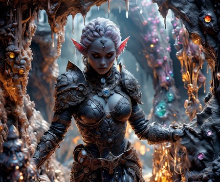 RAW photo, (masterpiece:1.3), subsurface scattering, heavy shadow, (high quality:1.4), (intricate, high detail:1.2), professional photography, HDR, High Dynamic Range, realistic, ultra realistic, photorealistic, high resolution, film photography, ambient lighting, atmospheric effects, <lora:detail_slider_v4:2>, OverallDetail, <lora:CrystalCaves:0.96>, cave, cryca, colorful crystals, gems, beams of light, water dripping from walls,  <lora:Drow:0.8>, a female drow scout, wearing intricate leather armor, dynamic pose, cape, epiCPhoto, <lora:zoom_slider_v1:-2>