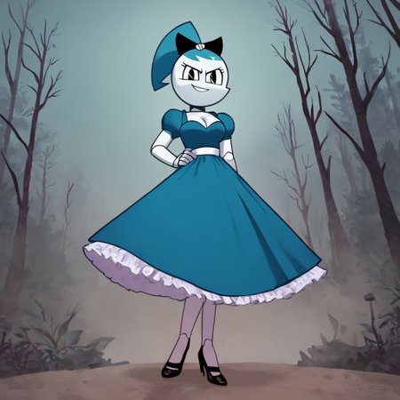 (Masterpiece, best quality:1.2), score_9, score_8_up, flat color, flat shading, soft shading, lighting, Jenny Wakeman as an adult, (((in a 1950's full length formal dark blue dress, a white belt, a fluffy frilly ruffled full white petticoat, and black high heels))), dress, layered petticoat, frilly petticoat, fluffy petticoat, full petticoat, detailed petticoat, wide skirt, detailed outfit, flowing skirt, (((long skirt))), (((solid dark blue colored dress, black high heels))), blue hair, series accurate, cute, best high quality, high res, robot, humanoid robot, (((big breasts, cleavage))), whole body shot, 1girl, (((solo, outside, in a dark creepy forest, at night, heavy fog surrounding her, fog, heavy fog, looking at you, low angle))), (((evil, evil smile, determined evil eyes, posing gracefully and evilly))), low angle shot, cartoon, cartoon style, vector, solo, circle dress, 1950s, dance dress jenny, jenny wakeman, 1girl, solo, robot joints, black eyes, white skin, ponytail, hair bow, blue rose chest corsage, poofy dress, blue hair, flat lighting,