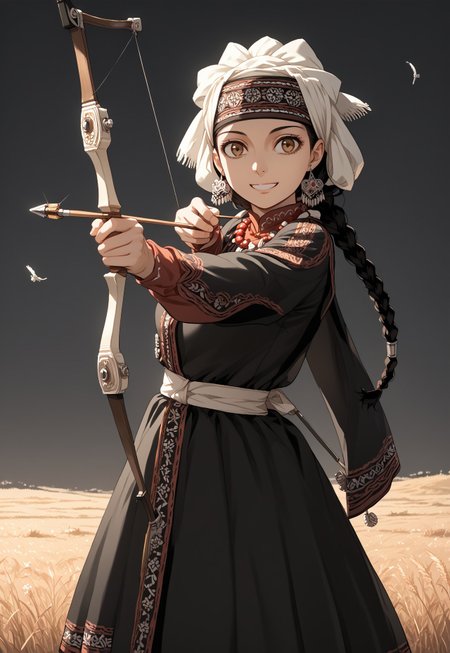 <lora:Drawing_bow:0.8>source_furry, score_7_up, rating_safe, source_anime, anime face:1.5, ((drawing bow, (weapon: 1.1), aiming at viwer, arrow, (projectile: 1.1), bow, (weapon: 1.1), holding bow, drawing bow)), amir halgal, otoyomegatari, 1girl, black hair, braid, single braid, brown eyes, dress, bead necklace, beads, coin (ornament), headscarf, jewelry, traditional clothes, kazakh clothes, 4M1RH4LG4LV1,
 smile, open eyes, <lora:INKxXmo shaded face:0.8> INKxXmo Dark Theme, Shaded Face,
looking far, concentrating,  close up:1.4, 
meadow, <lora:H001PXL:0.2>color manga,
wind, dust
