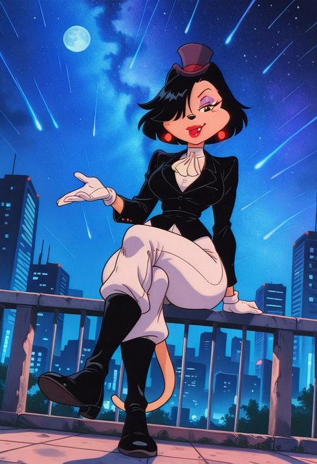 KatyaLeggsgowannalotMS, 1girl, solo, furry female, anthro, short hair, black hair, hair over one eye, black eyes, eyeshadow, black snout, lips, red lipstick, earrings, large breast, thick thighs, tail, top hat, black jacket, white shirt, ascot, white pants, black boots, white gloves,
,seductive pose, sexy pose, tease, 
masterpiece, best quality, fine details, intricate details, depth of field, subsurface scattering, bokeh,
 ultra-detailed, very aesthetic, detailed background, newest, scenery, highres, absurdres, colorful, vibrant, glowing, perfect face, 2d, perfect eyes,  vibrant saturated colors, volumetric lighting, sharp, detailed eyes, perfect anatomy,  perfect face, perfect eyes, mature body, clear eyes, beautiful eyes, athletic, curvy body, athletic girl, perky tits, perfect tits, round breasts, pinup pose, teasing, lustful expression, perfect hands, 
muscular female, dutch angle, 
cityscape, rooftop, outdoors, skyscrapers, railing, neon lights, detailed background, night, night sky, night time, starry sky, sitting on railing, moon, looking at viewer, arm rest, smirk, crossed legs, open mouth, full body, foreshortening, meteor shower ,
,Smooth Negative, Smooth_Quality,
90s_anime_aesthetic, 1990s (style), dark_fantasy_style, dark fantasy, retro,, retro artstyle