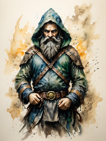 a figure described as dwarf with a blue beard tucked into a golden belt, and very bright eyes under his dark-green hood,