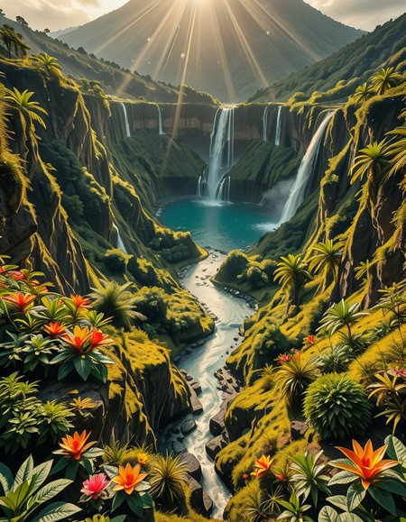 A breathtaking view of an ancient, dormant volcano now transformed into a lush, vibrant natural sanctuary. The crater is filled with dense tropical forests, colorful exotic flowers, cascading waterfalls, and mist swirling gently in the morning light. Vines and moss cover the dark volcanic rocks, and small streams wind down the slopes. while rays of sunlight pierce through the dense canopy, creating sparkling reflections on the water. The atmosphere feels peaceful, enchanted, and untouched by humans. The scene is depicted in an ultra-detailed, hyper-realistic style, with warm, soft lighting and rich, saturated colors that enhance the magical and serene mood of the landscape.
<lora:SDXLFaeTastic2400:0.4> <lora:extremely_detailed:0.4> extremely detailed,dormant v0lc4n0, <lora:dormant_v0lc4n0-i:1>, Masterpiece,best quality,hi res,8k,hi res,8k,award winning,(sharp focus, intricate, highly detailed),