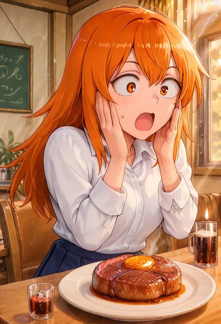 1girl, solo, masterpiece, best quality, newest, absurdres, CG, anime, source anime, illustration, very aesthetic, high resolution, ultra-detailed, newest, scenery, medium depth of field, rule of thirds, masterpiece-level, clean lines, 
BREAK 1girl, ((solo)), (solo focus:1.25), Gamou_Maki, orange_eyes, orange_hair, long_hair, hair_between_eyes, medium_breasts
 school_uniform, white_shirt, collared_shirt, pleated_skirt, blue_skirt, sleeves_rolled_up
dynamic pose, sitting on the chair behind table, delicious food, surprised, hands on own face, food focus, dutch angle, upper body
indoors, restaurant, cozy, candles, plate with meal, soft drink, big beef steak on the plate, cow bell near plate
motion lines, cinematic angle, various angles, detailed background, beautiful background, (rays light:1.0),(grow:1.0) mystical, luminism, vibrant colors, light particles