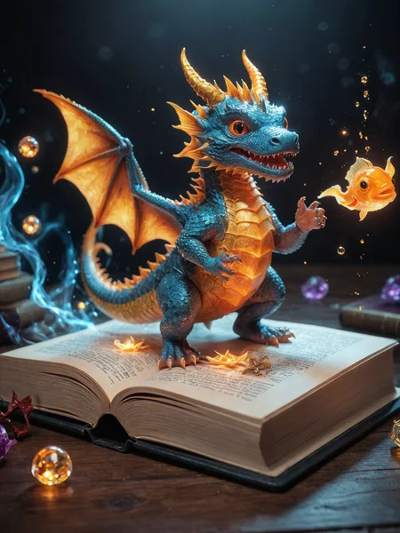 amazing quality, masterpiece, best quality, hyper detailed, ultra detailed, UHD, perfect anatomy, magic world, (cute dragon and fish:1.4), fish in the air, spell magic to get fresh fish as food,( fish jumping from magic book:1.3), energy flow, a full body of a cute baby dragon, kawaii, wearing witches robe, witches hat, holding magic book, magic book on one hand, spell magic, <lora:add-detail-xl:1.0>, extremely detailed, <lora:glowneon_xl_v1:0.75> glowneon, glowing