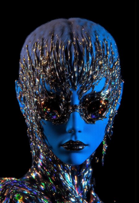 ((aidmaimageupgrader, aidmaMJ6.1, ne0nfant4sy)),A hyper-realistic close-up portrait of a woman with short, side-trimmed white hair styled in soft perms, her face glowing with surreal neon blue tinted skin. The frame captures only her full head and neck, focusing sharply on her striking features. She wears avant-garde sunglasses, the Bl0007dark Grey Silver from VAVA, crafted from high-quality acetate with sharp geometrical shapes, including hexagons and triangles. The sunglasses' frame is detailed with surreal chrome spikes, each one reflecting light with a polished metallic sheen, and featuring neon and iridescent tints that shimmer with every movement. These spikes encircle the lenses, giving them a futuristic, mechanical appearance. Below her nose, a veil of long, thin chrome chains, similar to the veils worn in belly dancing, drapes over her lower face, enhancing the mysterious aura. Her golden eyes glow intensely, standing out against her blue skin, with an otherworldly brilliance. The background is pitch black, amplifying the surreal atmosphere. Shot with a Canon EOS R5 and a 135mm f/1.8 lens at ISO 200, f/1.8. Rendered in 8K with Octane Render, post-processed in Photoshop to enhance fine details. Inspired by futuristic fashion designers like Iris van Herpen and avant-garde aesthetics.