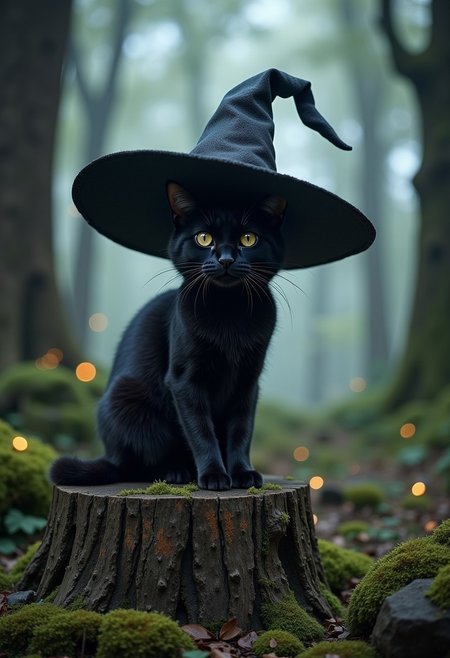 A black cat wearing a huge oversized witch hat, sitting on a treestump in an enchanted forest. The scene is filled with fireflies and moss on surrounding rocks and trees,in the style of ck-ncr,