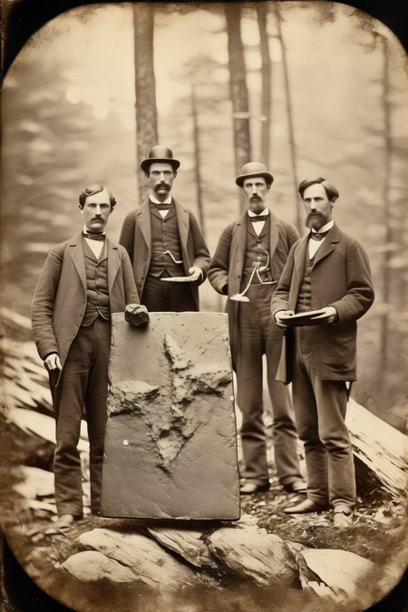 <lora:Albumen Print:1>Albumen Print - Daguerreotype of scientists find an ancient artifact in the mountains of Vermont in 1930.