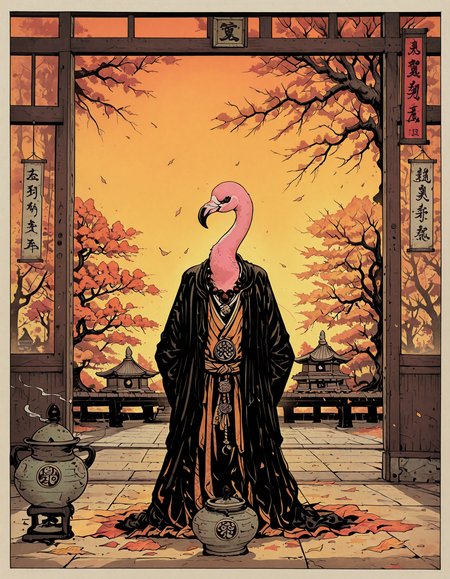 masterpiece, best quality, amazing quality, very aesthetic, absurdres,no humans, in the style of cksc,dark_comic_fantasy_noir,traditional japanese art,white border
, flamingo wearing monk robes, animal focus, prayer beads,hands behind back, monk
, autumn, sunset,  dramatic lighting,dim lighting,windy, orange falling leaves, incense, incense burner,buddhist temple, decorated vases with sakura flowers,background of autumn trees
, <lora:ck-shadow-circuit-IL:1> <lora:dark_comic_fantasy_noir_illustriousXL:0.6>  <lora:traditional_japanese_art_illustriousXL:0.6>