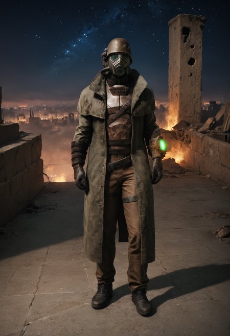 (score_9, score_8_up:1.1), score_7_up, realistic photograph
d3sertranger, helmet, 1boy, (muscular), black gloves, gas mask, full body, front view, night starry_sky sunset city ruins, <lora:desert_ranger_v1.1.6_pony:1>