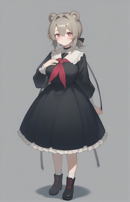 score_9,score_8_up,score_7_up,1girl,solo,light_blush,
<lora:Abstinthe-Pony-07:0.8>,
abstinthe-base,animal ears,bear ears,pink eyes,short hair,brown hair,grey hair,bear girl,hair between eyes,short ponytail,large breasts,very long sidelocks,hair intakes,over shoulder,
black dress,black footwear,boots,dress,long sleeves,neckerchief,official alternate costume,red neckerchief,white socks,white collar,puffy sleeves,frilled_dress,
simple background,standing,hand on own chest,