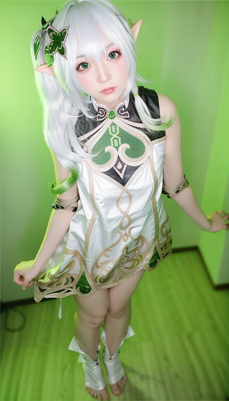 full body,  (photo realistic:1.35),(ulzzang-6500:0.65), masterpiece, best quality, detailed, pointy_ears, elf, green_background, 1girl, solo, hair_ornament, green_eyes, long_hair,bandages,