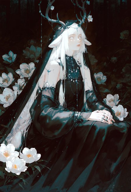 masterpiece, absurdres, newest, very awa,   

chromatic abberation,  

1girl, solo, long hair, dress, jewelry, white hair, animal ears, necklace, black veil, antlers, sitting, flower, ring, deer ears, white flower, looking afar, hands on own thighs, own hands together, white eyes, detached sleeves,   

<lora:spo_sdxl_10ep_4k-data_lora_webui>,  <lora:TA_trained:0.35>,  <lora:NOOB_EPSv1_1_detailer_by_vlnvk_v0_5>,  <lora:96YOTTEA-WAI:0.65>, <lora:zzziGnXL_il_lokr_V531>