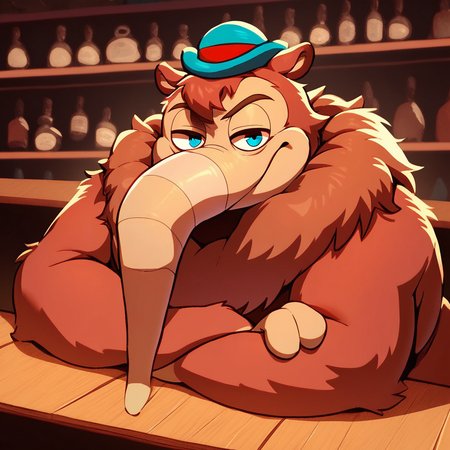 score_9, score_8_up, score_8, furry, Sidney, anteater, long nose, striped nose, brown fur, neck tuft, cartoon style, 2d, overweight male, solo, hat, sitting at bar, elbows on table, smirk, looking at viewer, bedroom eyes, inside