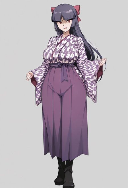 score_9,score_8_up,score_7_up,source_anime,5_figner,2d_animation,game cg,BREKE,1girl,solo,
zzSabrina, red eyes, long hair, blunt bangs, sabrina pokemon, purple hair, black hair, 
purple hakama,yagasuri,japanese clothes,kimono,long sleeves,hair ribbon,boots,
smile,fullbody,openmouth,
huge breasts,thick hips,thick thighs,thick waist,disproportionate breasts,
curves,glamour,
simple background,white background,
masterpiece,best qualit,ultra-detailed,illustration,an extremely delicate and beautiful,beautiful detailed eyes,unity 8k wallpaper,high resolution,anime CG,official_art,Erotic_style, anime_coloring, anime_screencap,