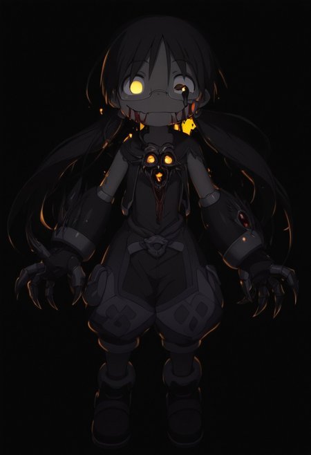 masterpiece, best quality, amazing quality, 1girl, riko \(made in abyss\), black hair, blank eyes, glowing eyes, semi-rimless eyewear, long hair, low twintails, xdive, android, full body, detailed background, black background, antiKH, spot color, neon palette, heartless, mouth closed, glasgow smile, no teeth, (horror:1.4), peering at the user, dark, solo, sharp claws, giantess