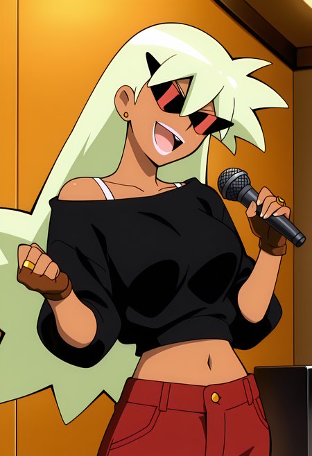 masterpiece,best quality,amazing quality,very aesthetic, absurdres

1girl, solo, Masako Inogashira, long hair, 

no8, green hair, casual, bra strap, navel, red pants, dark skin, dark-skinned female, jewelry, earrings, ring, red sunglasses, gloves, fingerless gloves, pale lipstick, 

happy, head tilt up, smile, 

standing, holding, a microphone, karaoke, mouth open, singing,

at karaoke,

anime style, 

