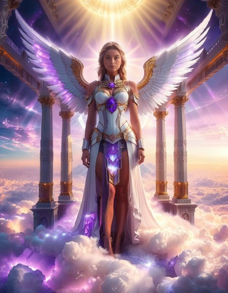 <lora:sky_t3mpl3:1>,cowboy shot,(looking at viewer:1.6),
A fierce warrior angel standing on clouds in front of a majestic celestial sky temple,sky t3mpl3.(arms behind back:1.3), She wears futuristic, sleek black armor with purple accents, blending fantasy and sci-fi elements. Her armor is adorned with glowing, purple gemstones at her chest and shoulders, radiating a soft light that matches the ethereal surroundings. Large, metallic angel wings with a high-tech design extend from her back, with white feathers and metallic frames, combining elegance with strength. She looks directly at the photographer with an intense, focused gaze, creating a powerful connection with the viewer. Behind her, the grand temple is made of gleaming, white stone and crystal pillars, floating among the clouds, illuminated by soft rays of heavenly light. The sky is filled with a soft pink and purple glow, casting a serene yet powerful atmosphere around this divine guardian.<lora:SDXLFaeTastic2400:0.4> <lora:extremely_detailed:0.4> extremely detailed,, Masterpiece,best quality,hi res,8k,hi res,8k,award winning,(sharp focus, intricate, highly detailed),