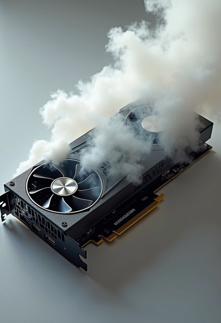 text on top is "OUT OF BUZZ". text on bottom is "ngl ts pmo fr rn". a nvidia graphics card gpu burned and fuming. white dust and smoke in a silver background,