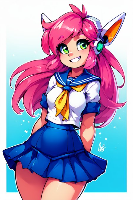 score_9, score_8_up, score_8, medium breasts, (curvy), cute, eyelashes,       BREAK, , zzNukuNuku, green eyes, pink hair, long hair, robot ears, school uniform, serafuku, blue skirt, white shirt, <lora:NukuNuku_PDXL:0.8>, , BREAK, smile, looking at viewer,  abstract background, white outline, cowboy shot, embedding:zPDXL, Expressiveh, <lora:theOtherHalfPDXL:0.8>,  <lora:CatalystStylePDXL:0.6>,  <lora:SDXLFaeTastic2400:0.5>,  <lora:Expressive_H-000001:0.4>,