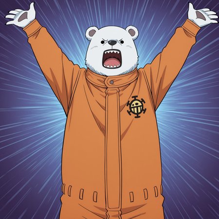 best quality, amazing quality, very aesthetic, absurdres, newest, masterpiece, OPBepo, Solo, 2d, male, 1boy, polar bear, white fur, no sclera, dot eyes, black eyes, black nose, brown boots, orange jumpsuit, sharp teeth, open mouth

BREAK ((Half body, upper body focus, front view)), posing, standing, arms up, abstract background