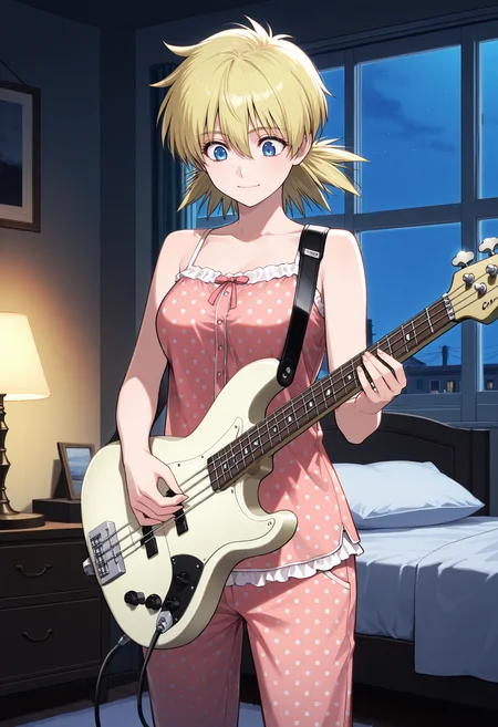 masterpiece, best quality, 1girl, solo, seras victoria, blonde hair, pajamas, camisole, bare shoulders, polka dot, indoors, bedroom, music, playing instrument, holding, holding instrument, blue eyes, window, night sky, pillow, messy room, bass guitar, holding bass guitar, looking down, standing, guitar strap, light smile, closed mouth